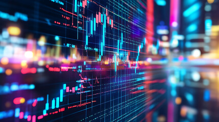 Fototapeta premium A stock market graph with blue arrows pointing upwards, symbolizing an up trending stock and global financial growth on a digital background