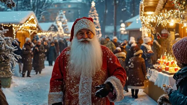 Jolly santa claus strolling through festive christmas market on snowy evening, celebrating happy st. nicholas day. ai