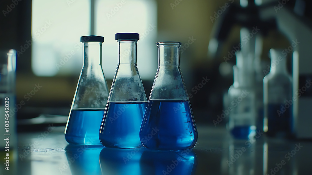 Poster a closeup of laboratory equipment such as beakers and flasks filled with clear blue liquid, set agai