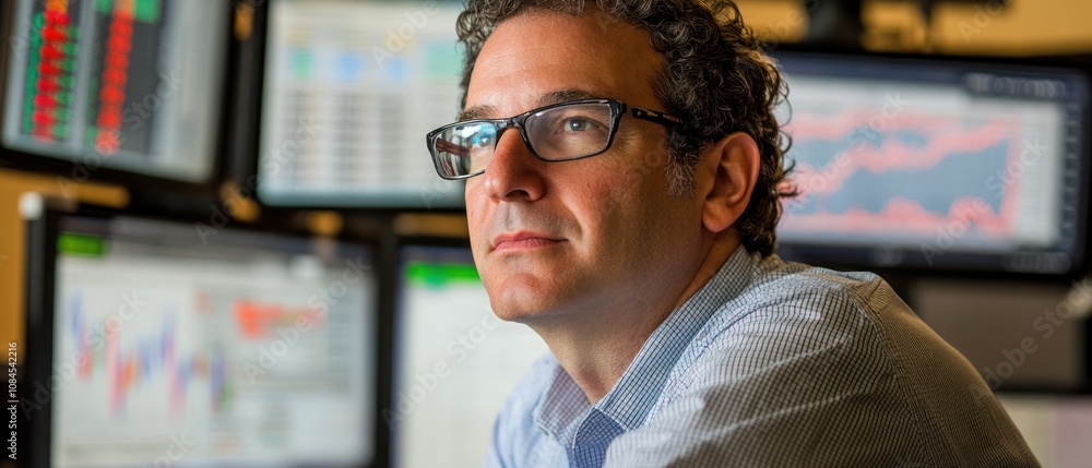 Poster a focused individual analyzing data on multiple computer screens in a financial setting.