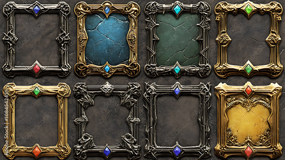 Poster a comprehensive set of square ui game frames, distinguished by their textured medieval borders made 