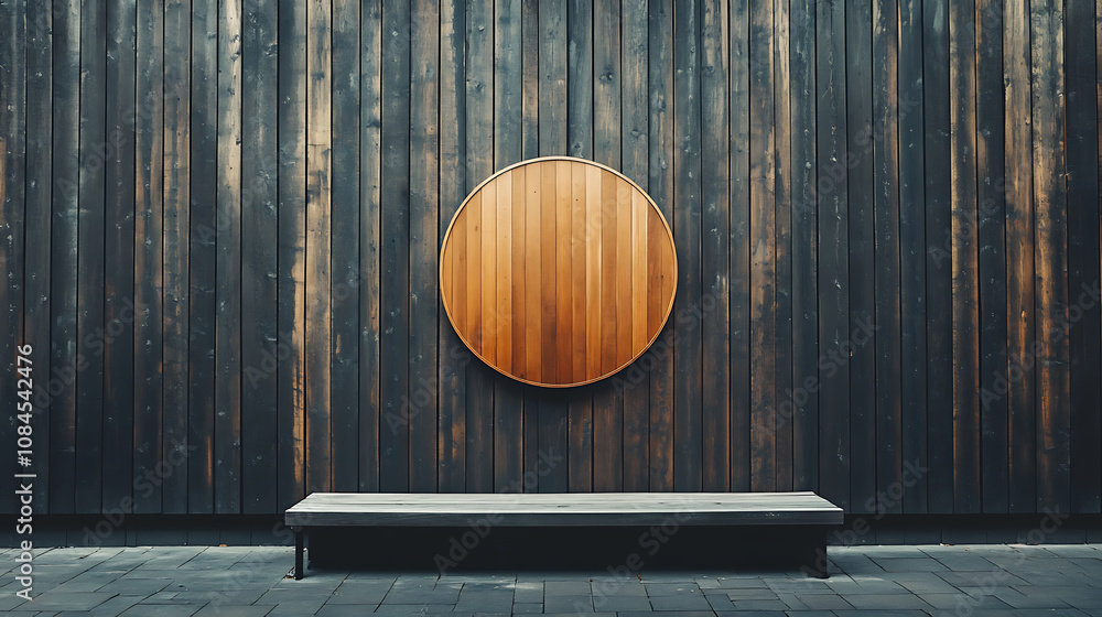 Poster a wooden wall hosts a circular mockup signboard, awaiting a storefront's branding in a street settin
