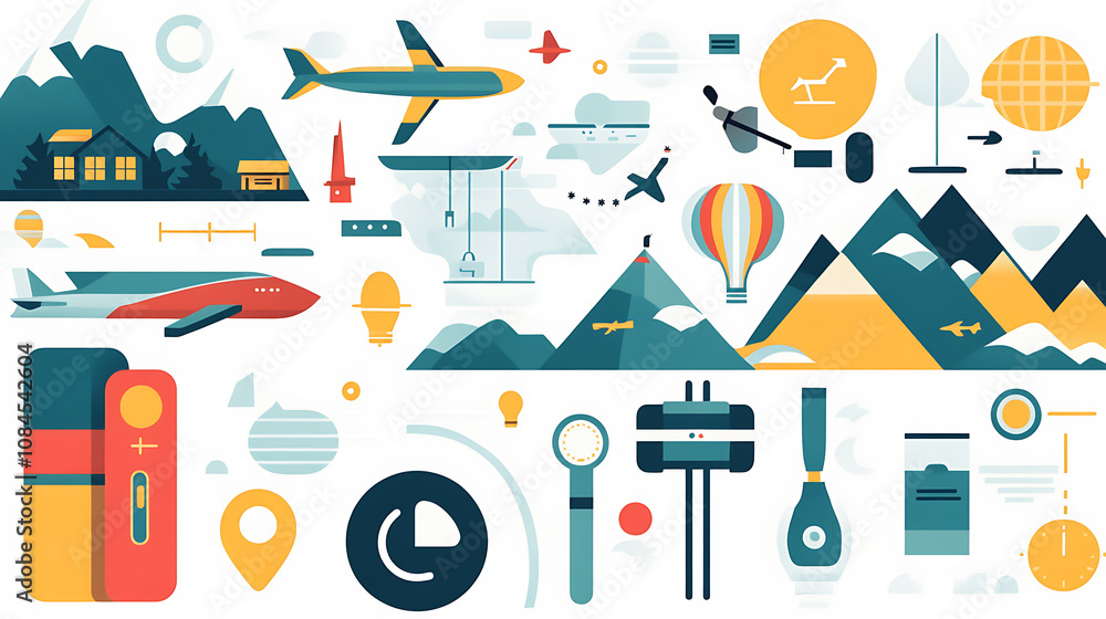 Aufkleber a flat design icon set for travel showcases various symbols associated with travel and exploration, 