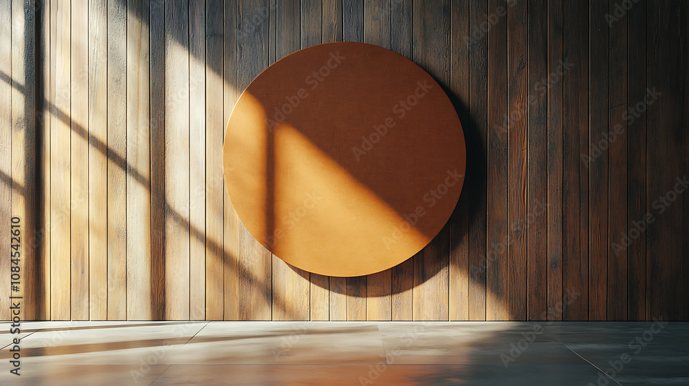 Poster a wooden wall hosts a circular mockup signboard, awaiting a storefront's branding in a street settin