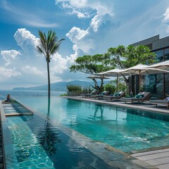 Obraz premium Panoramic View of Lavish Hotel Pool with Ocean Vista