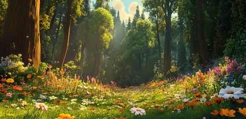 Sunlight streams through a dense forest, illuminating a path carpeted with a profusion of wildflowers in various colors
