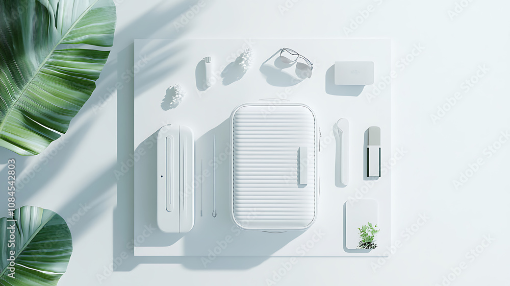 Poster a flat lay of a white suitcase and traveler's accessories against a bright white background presents