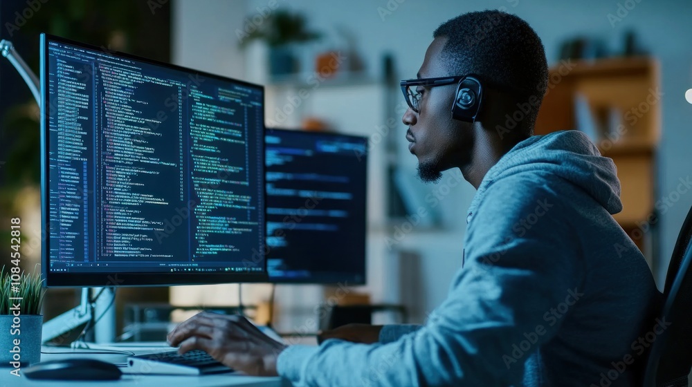 Poster a person coding at a computer in a dimly lit environment, focused on the screen.