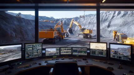 Control Room Overlooking Quarry Operations. A control room with multiple monitors displays real-time data while overlooking active quarry operations with heavy machinery.
