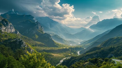 Naklejka premium River Valley Panorama with Encircling Peaks