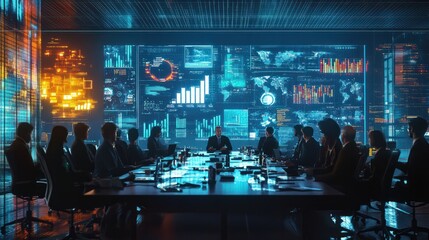 Corporate team strategizing in a collaborative meeting with digital technology tools for advanced marketing data analysis and informed investment decision-making in a modern business environment