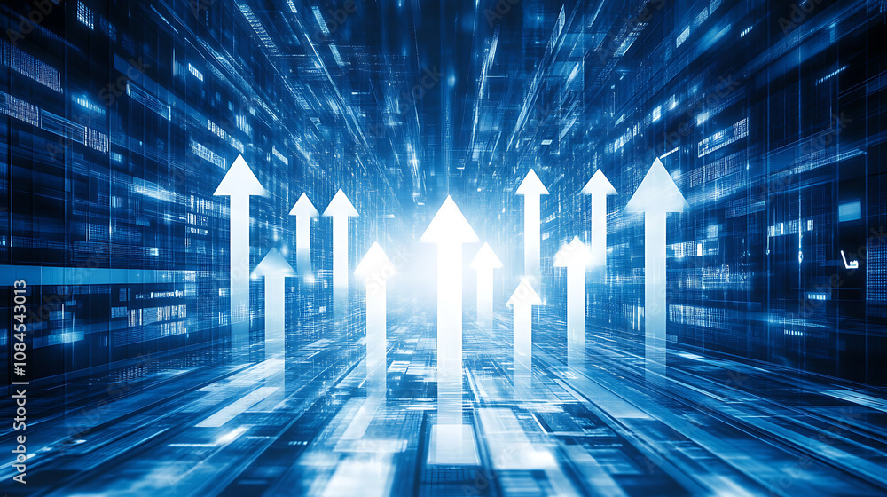 Poster abstract blue background with arrows pointing in different directions, symbolizing technology and di