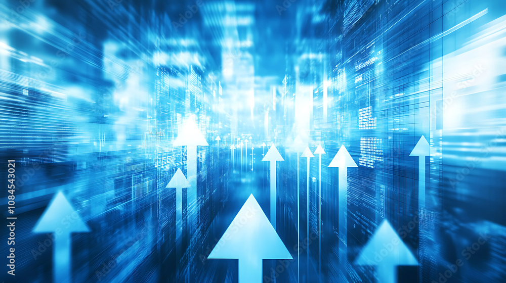 Poster abstract blue background with arrows pointing in different directions, symbolizing technology and di