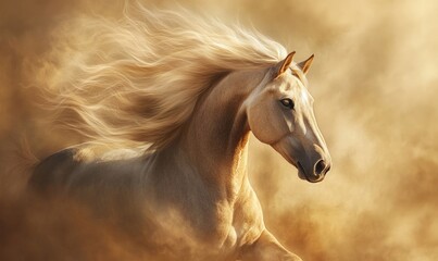 Obraz premium A horse with long hair is running through the sand