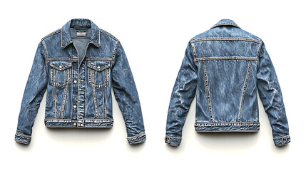 A jean jacket isolated on white, ready for clipping paths, shown in both front and back views