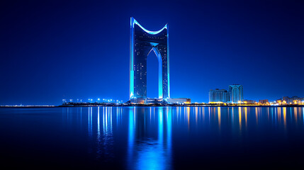 Naklejka premium A night view of the Kingdom of Saudi Arabia showcases the Kingdom Tower and Riyadh's skyline, emphasizing the country's modernity