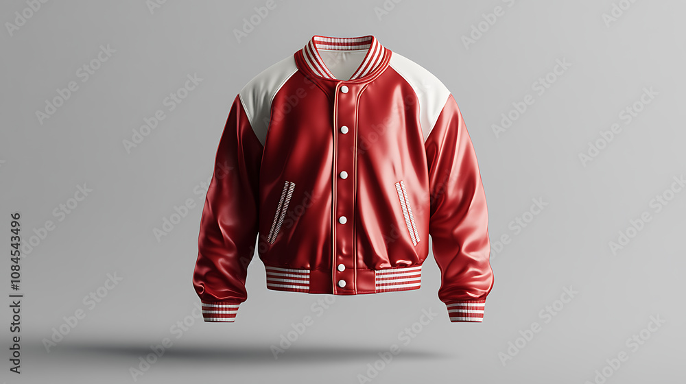 Poster a satin baseball jacket in red and white, set against a grey background for mockup purposes, isolate