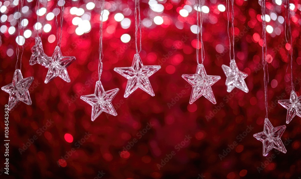 Poster a red background with a row of stars hanging from the ceiling