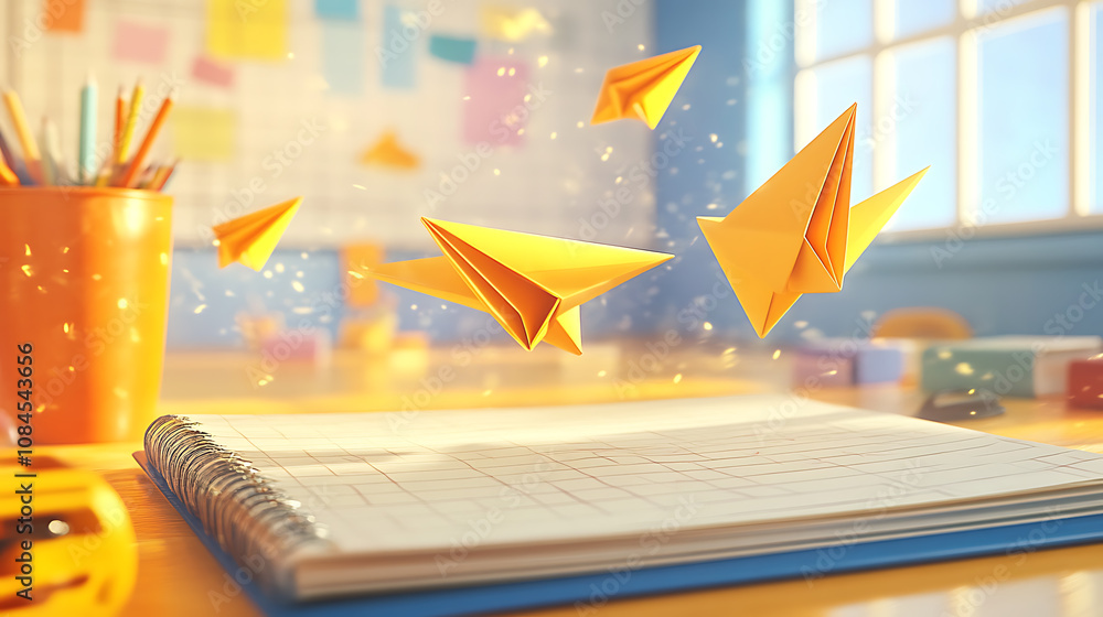 Poster A school notebook background is animated with 3D yellow paper airplanes flying, adding a playful touch to the theme of travel and exploration