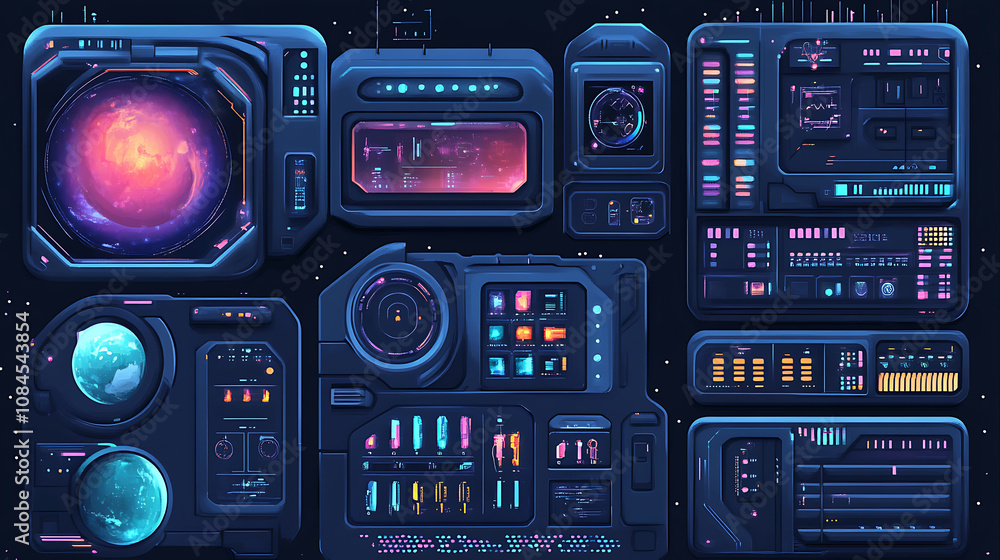 Poster A space-themed game UI kit, complete with all the necessary elements for a Level complete scenario, designed to enhance the gaming experience