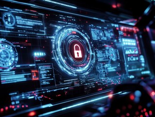 Fototapeta premium dashboard, security, technology, network, futuristic, interface, innovation, future, control, smart. digital padlock icon, cyber security network and data protection technology on dashboard HUD.