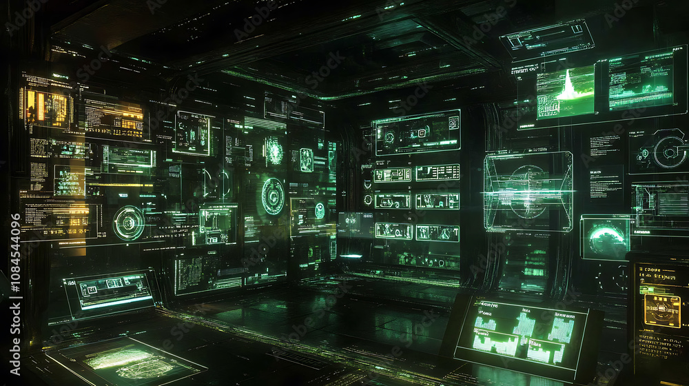 Poster A technological frame or interface, envisioned as a virtual grid, displays a variety of user interface holograms, including callouts, titles, HUD elements, and futuristic callout bar labels