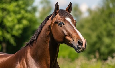 Obraz premium A brown horse with a white stripe on its face