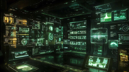 Obraz premium A technological frame or interface, envisioned as a virtual grid, displays a variety of user interface holograms, including callouts, titles, HUD elements, and futuristic callout bar labels