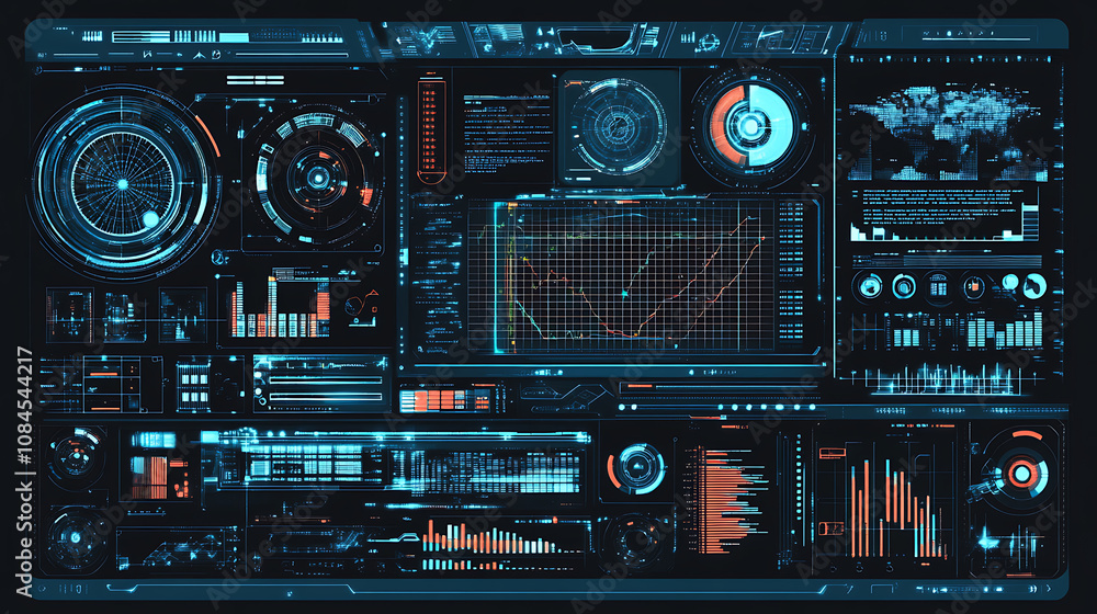 Poster A technological frame or interface, envisioned as a virtual grid, displays a variety of user interface holograms, including callouts, titles, HUD elements, and futuristic callout bar labels