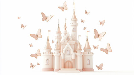 Pink fairytale castle surrounded by flying butterflies on white background