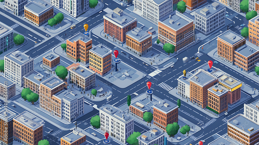Poster an isometric city map with location pins a blue background showcases the streets and buildings of an
