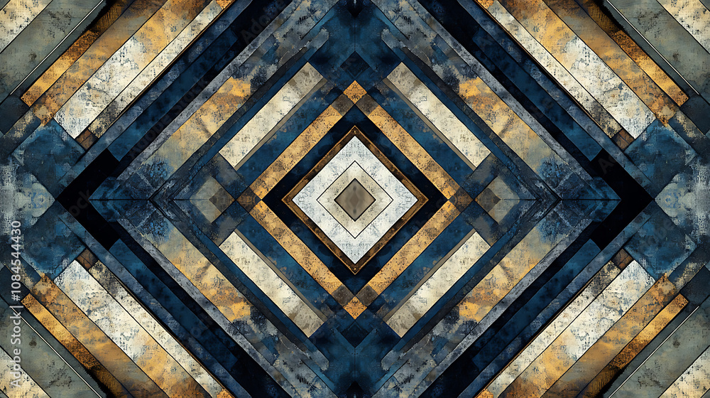 Poster an artistic abstract colored geometric pattern with a pixel tiled background in hues of blue, beige,
