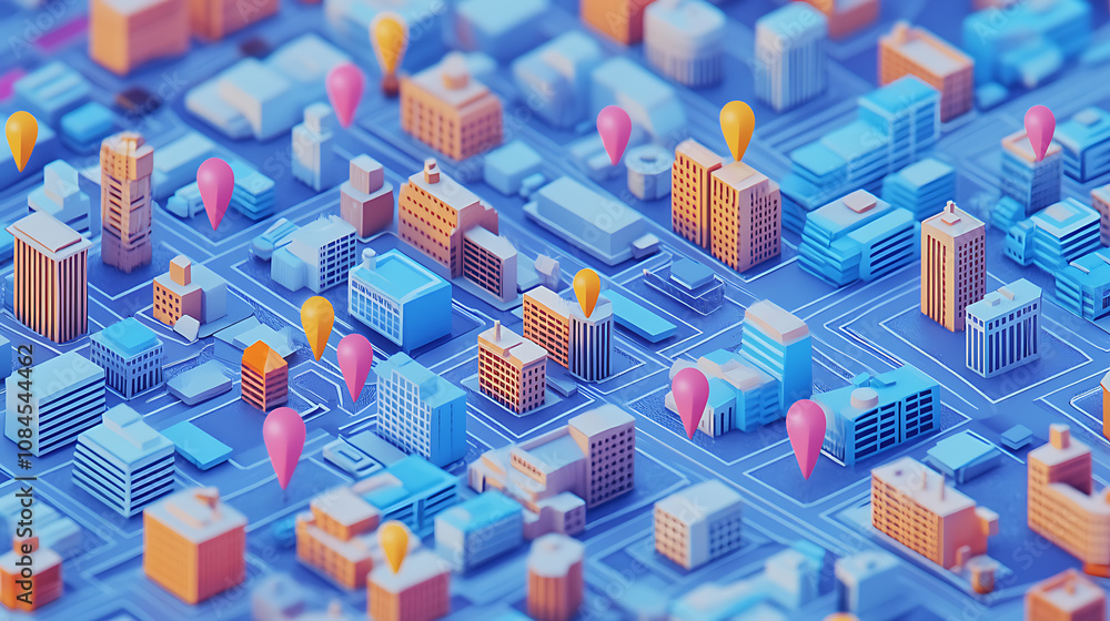 Poster an isometric city map with location pins a blue background showcases the streets and buildings of an