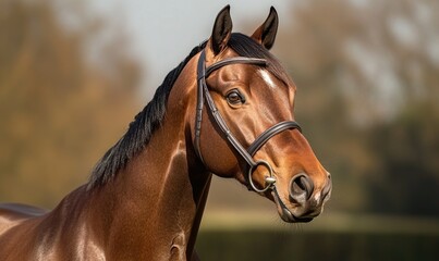Obraz premium A brown horse with a black nose and a black bridle