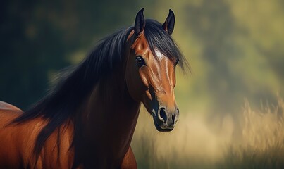 A brown horse with a black mane and tail