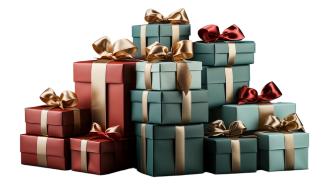 Vibrant stack of green and red Christmas gift boxes, adding festive cheer to holiday scenes, isolated on transparent background.
