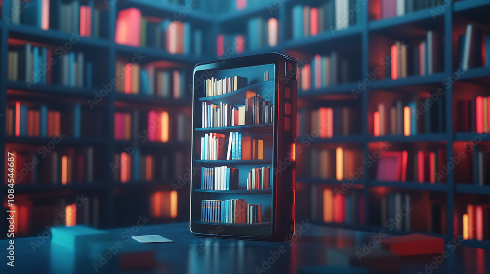 Poster An online library within a mobile phone symbolizes the convenience and speed of accessing information in the era of internet technology