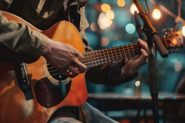 Fototapeta premium Cafe Open Mic: Guitarist in the Spotlight
