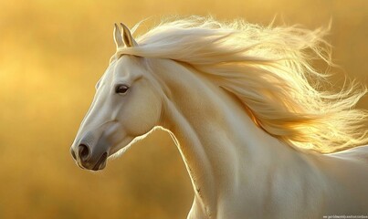Obraz premium A white horse with a long mane and a brown nose