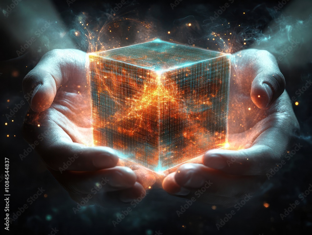 Poster digital synergy: two hands cradle a luminous cube, its intricate network of data streams symbolizing