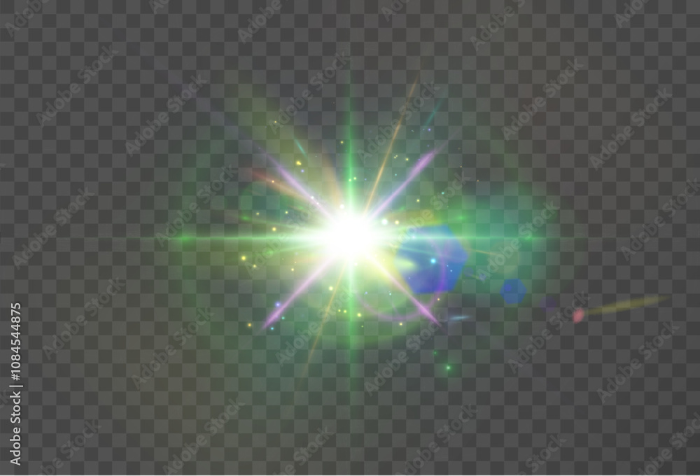 Poster Abstract colorful bright light with flickering glare and laser effect png. For graphic design and game interfaces.