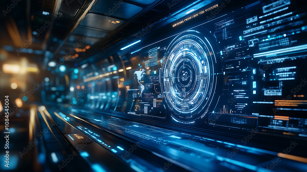 Poster An abstract background illuminated by blue light, set within a futuristic lab, showcases a 3D circle and HUD elements interface, creating an ideal holographic space for product presentation