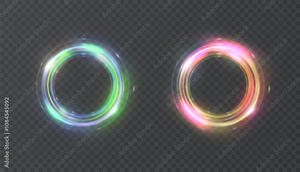 Poster bright gold light ring with neon effect. round frame of light effect on black background. for web de