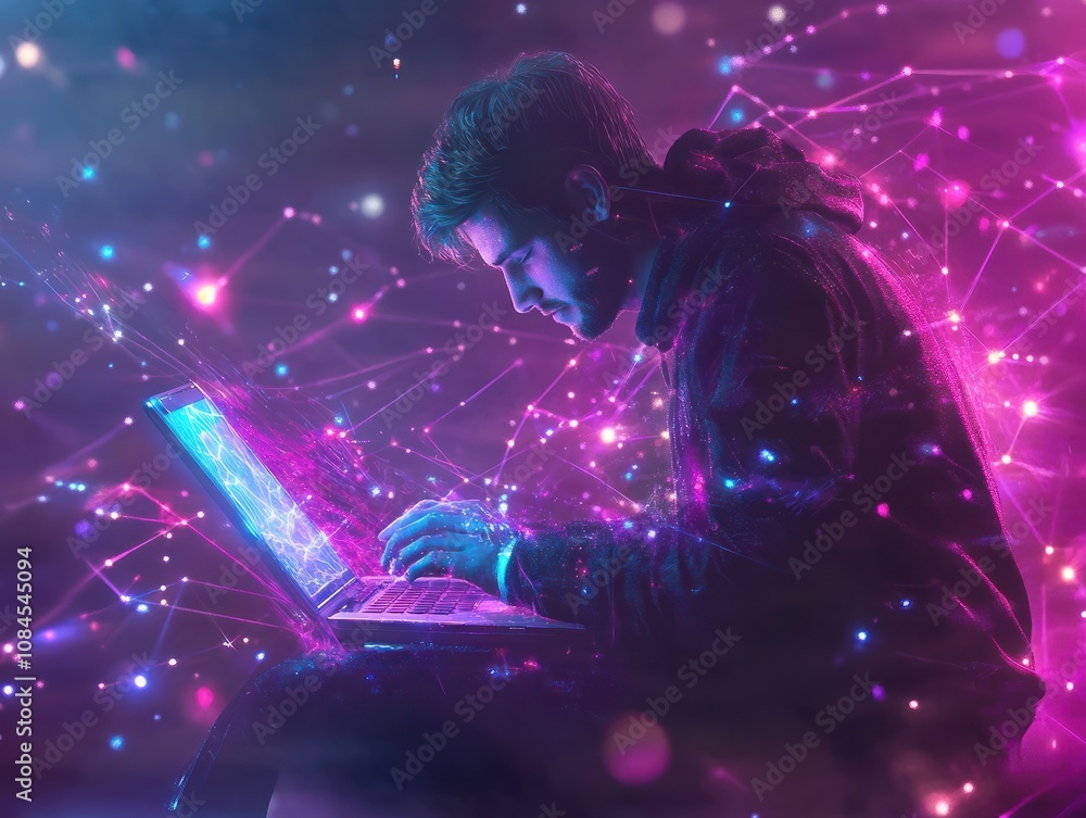 Poster digital technology, internet network connection, futuristic innovation technology. man using laptop 