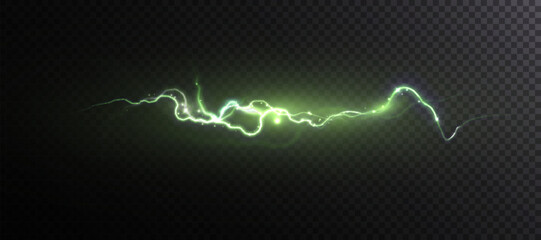 Bright glow of green lightning. Realistic effect of bright electric discharge of blue lightning. Vector 10 EPS