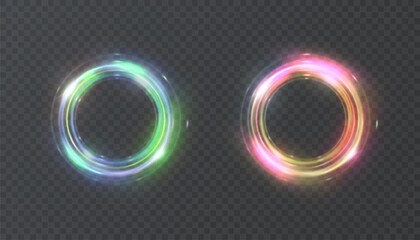 Bright gold light ring with neon effect. Round frame of light effect on black background. For web design and illustrations. Vector png