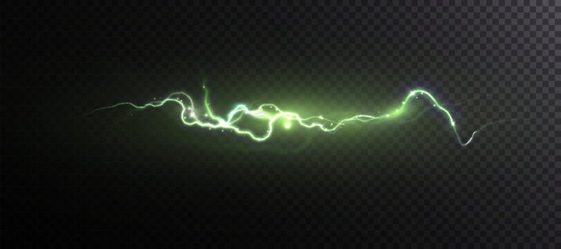 Bright glow of green lightning. Realistic effect of bright electric discharge of blue lightning. Vector 10 EPS
