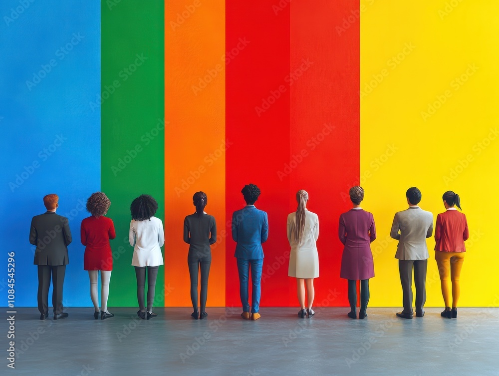 Poster diverse characters gather around a color wall, symbolizing inclusivity and unity in business and fin