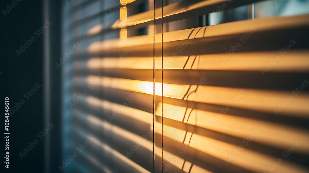 Poster a closeup of the blinds in an office window, with sunlight filtering through them creating diagonal 