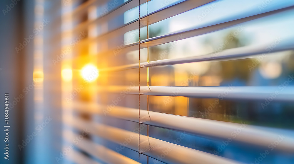 Poster a closeup of the blinds in an office window, with sunlight filtering through them creating diagonal 